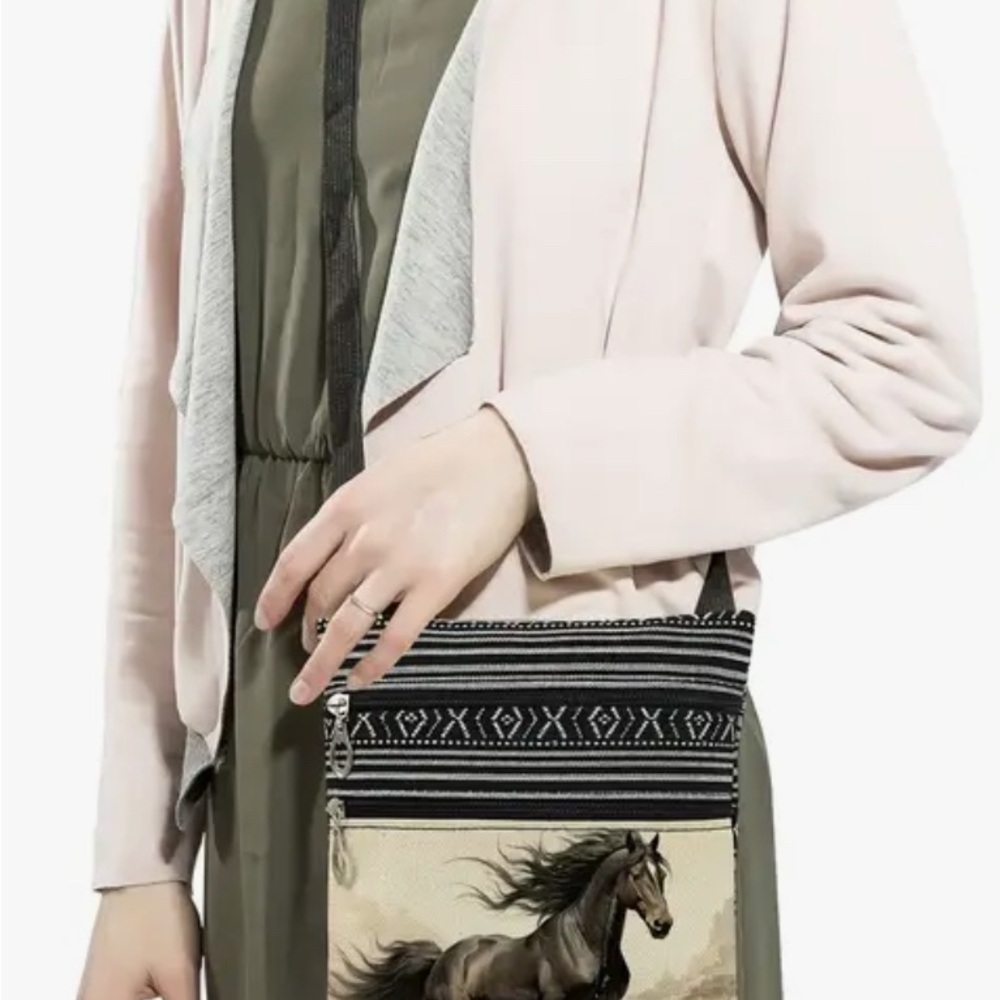 Horse Print Oil Painting Styled Crossbody Bag, 2 Side Zip Pockets 9.5x8 NEW - Picture 9 of 9